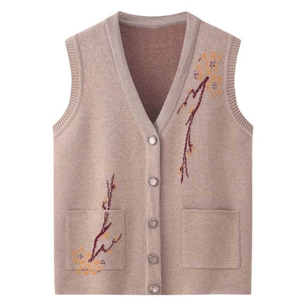 LCDIUDIU Middle Aged And Elderly Warm Knitted Cardigan Sweaters Sleeveless Vest,Old Lady Casual Khaki Top Grandma Knitted Cardigan Coat Jacket Women'S Spring Autumn Warm Waistcoats