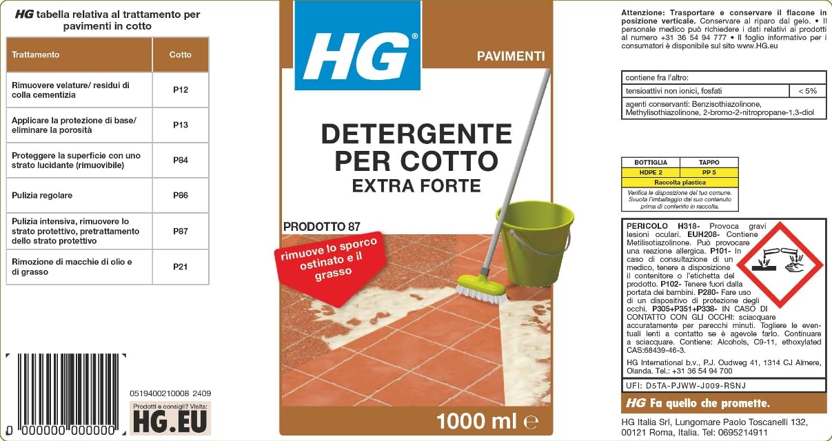 HG Pulitore Forte n. 87 Detergente Concentrato per Rimuovere Grasso 1 Litro