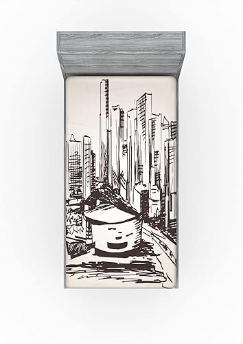 Miniatura 2 de Ambesonne Florida Fitted Sheet Set, Hand Drawn Miami Cityscape Sketch USA Architecture Theme Abstract Buildings, Decorative Bedding All-Round