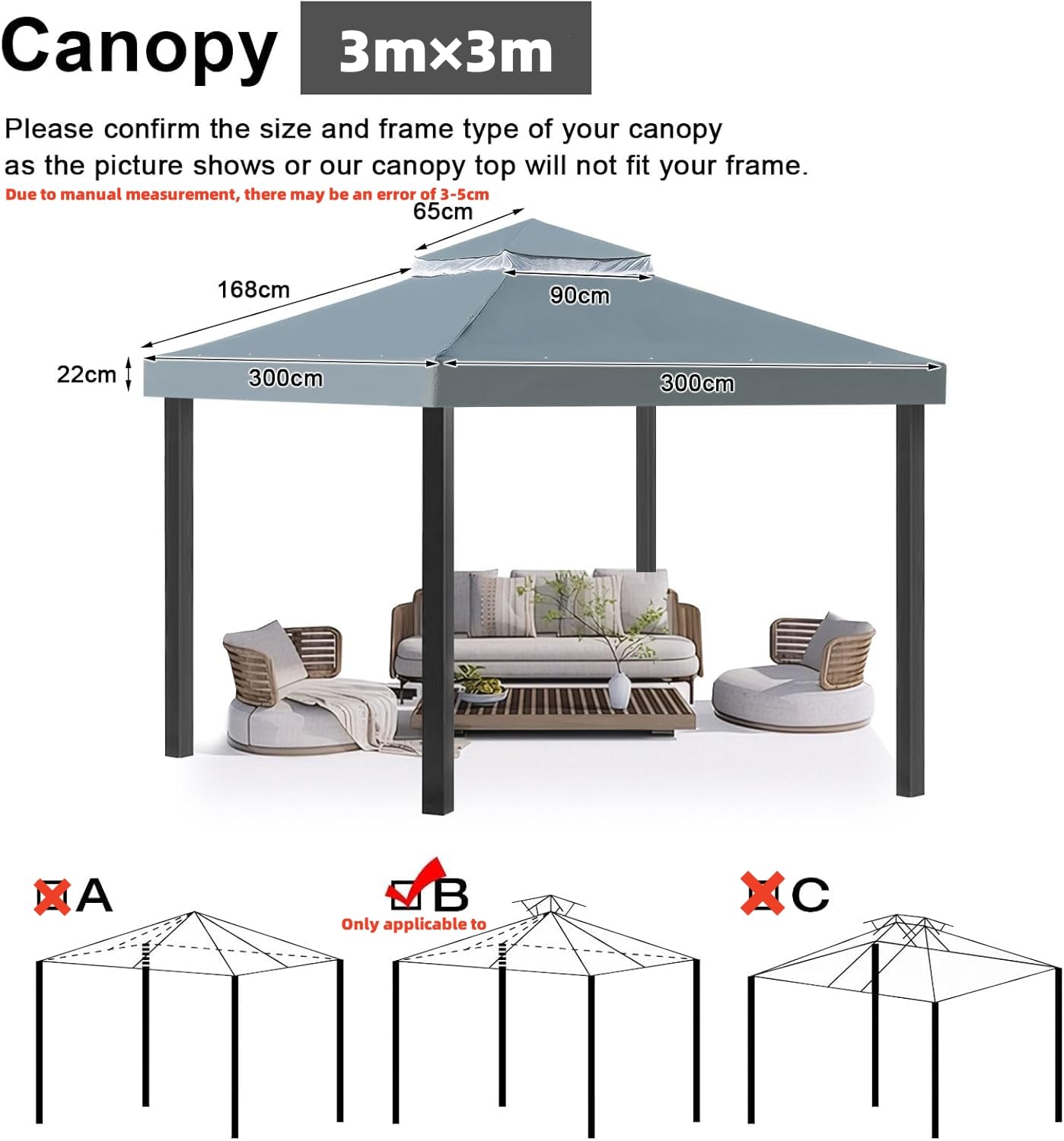 OKYUK Toit de rechange respirant UV, stable et imperméable, avec drainage, idéal pour tonnelle de jardin 3 x 3 m (gris)