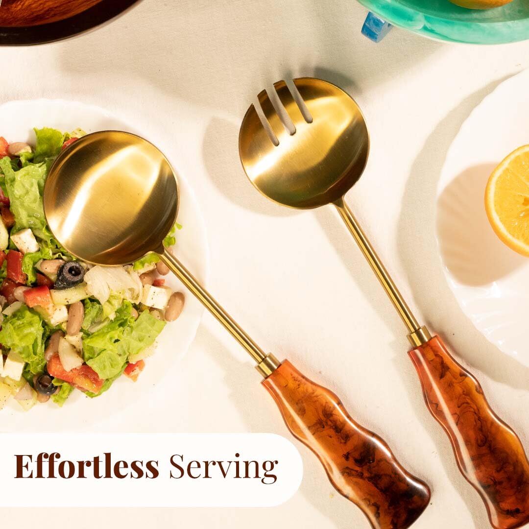 Folkulture Pinzas de ensalada de metal con resina para servir o servir cucharas, pinzas para servir pasta, frutas o ensaladas, tenedores de ensalada de acero inoxidable (marrón dorado, 12 x 3 pulgadas