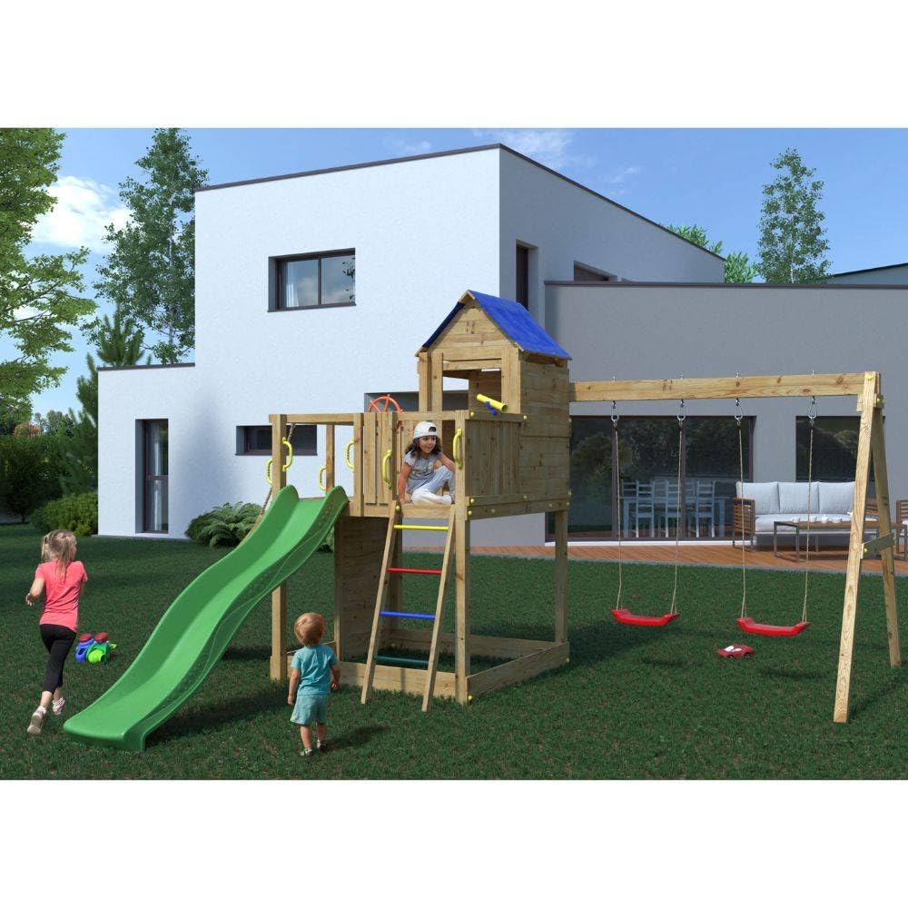 Casetta da Giardino per Bambini Fungoo Treehouse 3 – Parco Giochi in Legno con Altalene, Scivolo 2,2 m, Arrampicata e Accessori – Uso Privato – Disponibile da Agosto 2025