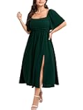 Womens Plus Size Maxi Dress Pleated Square Neck Short Sleeve Smocked High Waist Flowy A-Line Slit Elegant Dresses