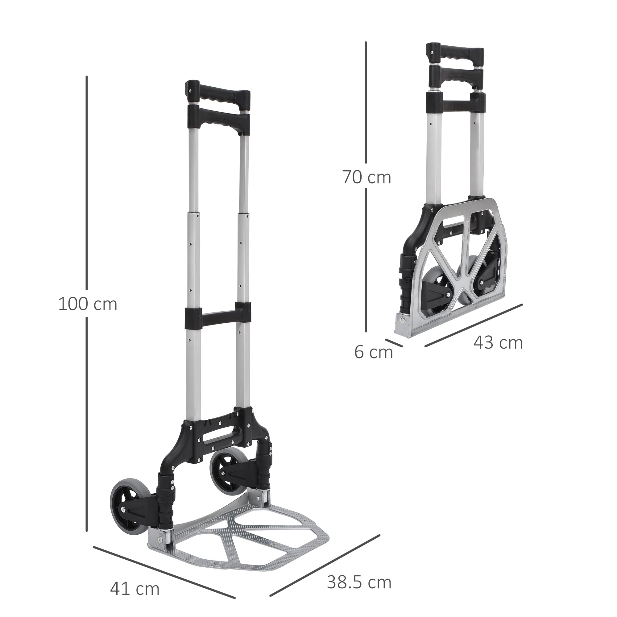 HOMCOM Carrello Portapacchi Pieghevole in Alluminio e Plastica max 70kg con Maniglie Telescopiche e Altezza Regolabile, 41x38.7x100 cm, Argento