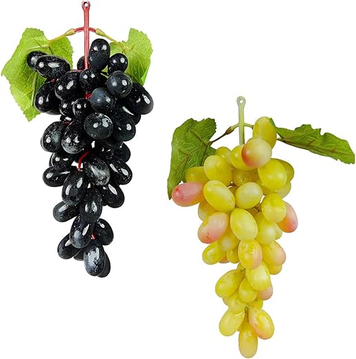 Crystu Hanging Artificial Grapes with Leaves Plastic Fake Fruit Food Home Decor for Table Decoration Combo Pack of 2 pc (Color : Green & Black)