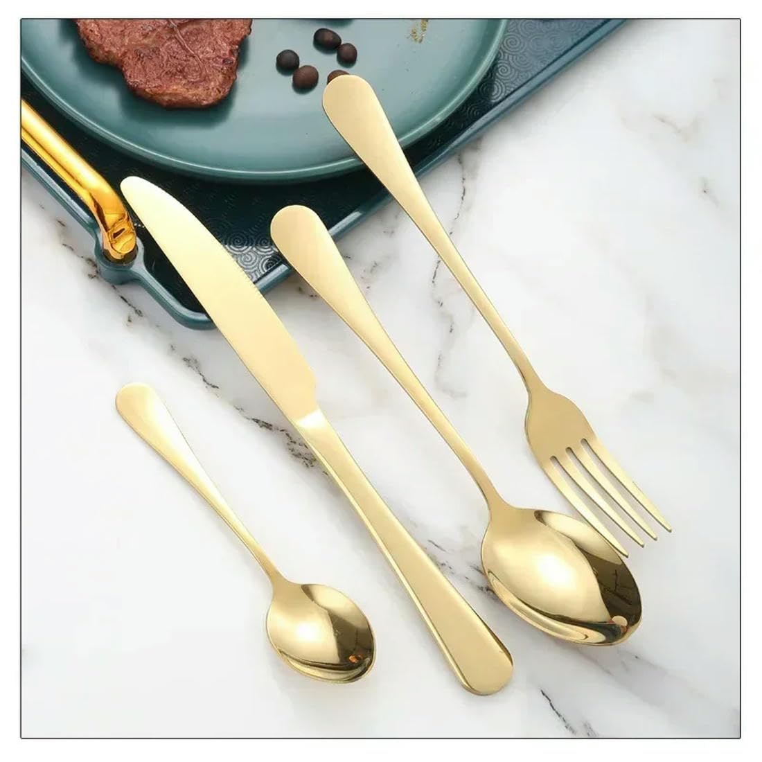 Ensemble de Couverts de Restaurant en Acier Inoxydable, 24 pièces, Couverts dorés, légers et spéculaires, Couteau à Steak, Fourchette, cuillère à café, avec boîte Cadeau