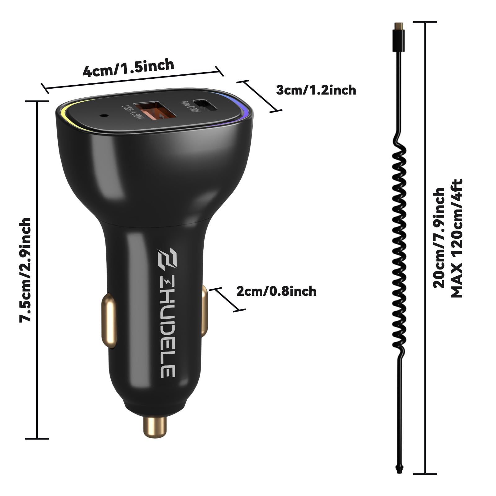 Ładowarka samochodowa USB C 90 W do iPhone 16 Pro, PD & QC3.0 typu C 1,2 m kabel spiralny 1,2 m, szybka ładowarka samochodowa do iPhone 15 Pro Max Plus, do Samsung Galaxy S24/S23/S22