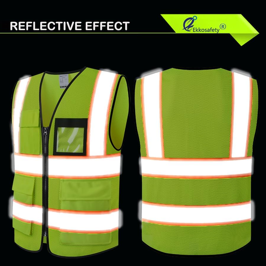 Miniatura 5 de Chaleco de seguridad de malla reflectante para hombres y mujeres, con 8 bolsillos y cremallera frontal, chaleco de malla de alta visibilidad,