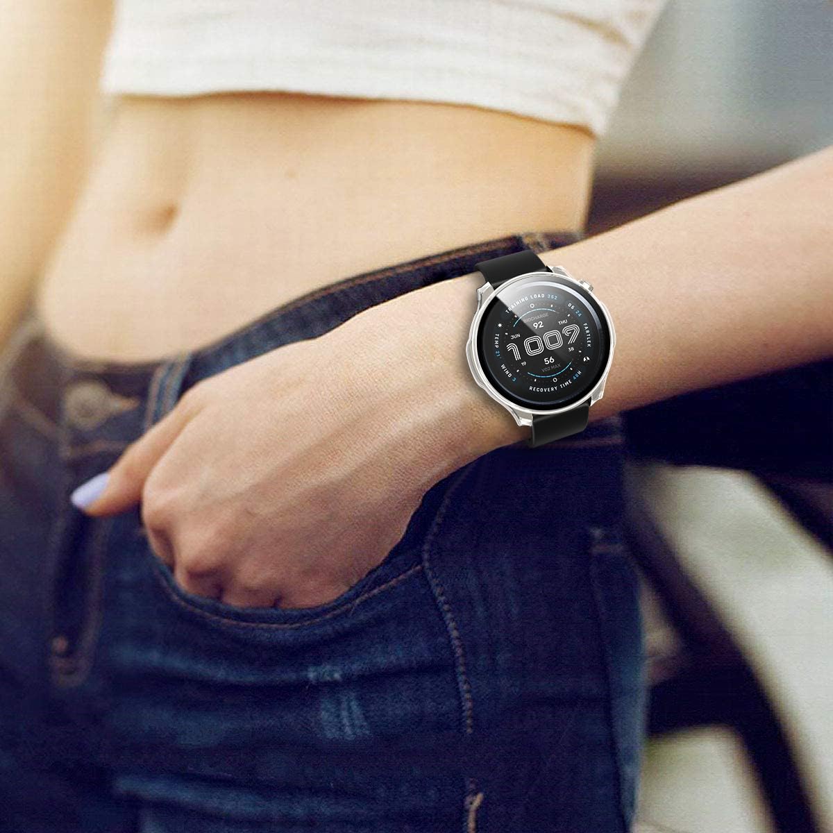 ivoler 3 Pièces Coque Dur PC pour Amazfit Balance 2, Couverture Complète Protection écran en Verre Trempé Étui de Protection Antichoc, Mince Anti-Rayures Bumper Housse (2 Transparent + 1 Noir)