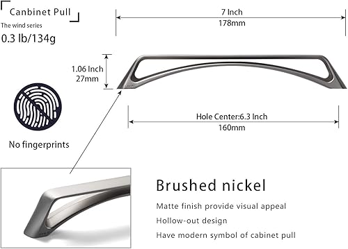 Miniatura 2 de Goo-Ki Paquete de 6 tiradores de gabinete de níquel cepillado con arco central de agujero de 6.3 pulgadas, tiradores de cajón mate con forma hueca,