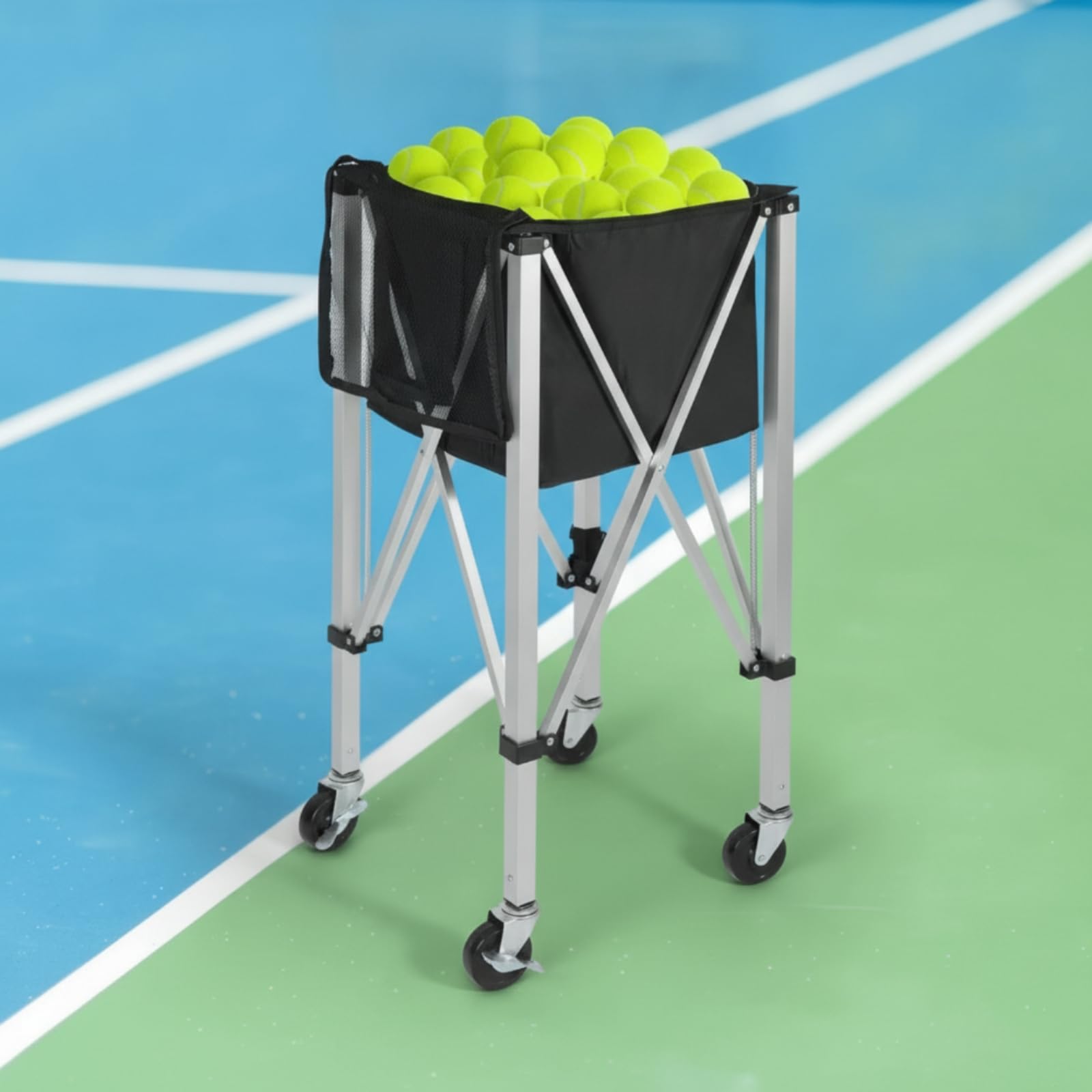 Perfeclan Carro de Pelotas de Tenis Carro Canasta Soporte Cesta con Ruedas con Cesto Textil Resistente y Bastidor Cruzado Plegable Adecuado para Ejercicios de Recogida y Distribución de Pelotas