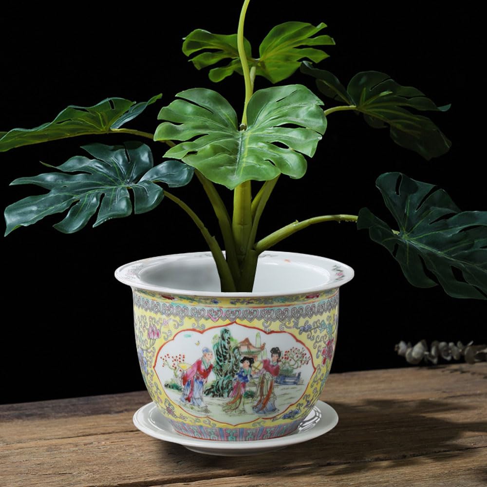 MNUvxzaewf Ceramic Hand Painted Planter Flower Pot Set Chinoiserie Porcelain Bonsai Large Orchid With Drainage Hole And Saucer Tray(B)