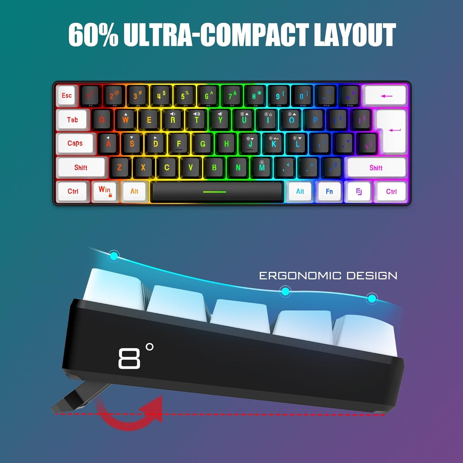 RedThunder Combo de teclado y mouse para juegos al 60%, mini teclado retroiluminado RGB ultra compacto de 61 teclas, mouse óptico ligero de 7200 DPI, juego de juegos con cable RGB para PC, PS5, Xbox