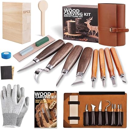 EasyTime Wood Carving Tools Kit: Deluxe Wood Whittling Set with PU Leather Case - Woodworking Knives with Basswood Blocks & Instructions, Hobby Gift for Adults Kids Beginners DIY