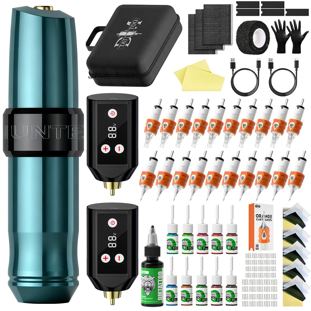 Tattoo Gun Kit Wireless Tattoo Pen Kit Tattoo Kit with 2Pcs Tattoo Battery and 20 Pcs Tattoo Cartridge Needles, Complete Tattoo Machine kit Tattoo Supplies for Beginners (Cyan)