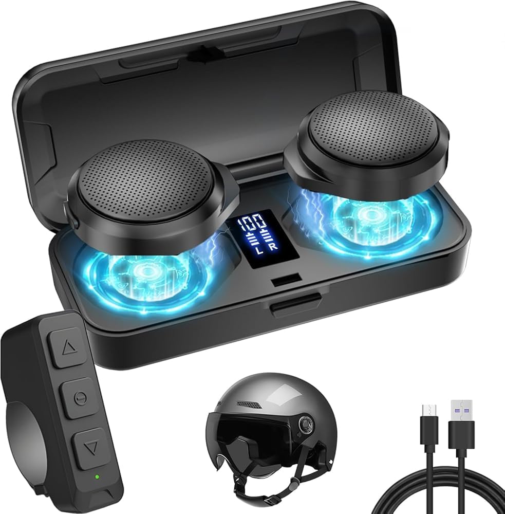 OBEST Cuffie Bluetooth moto con custodia di ricarica, altoparlante Bluetooth casco, con microfoni, batteria 1900 mAh con 50 ore di funzionamento, cuffie wireless per sci e motociclismo