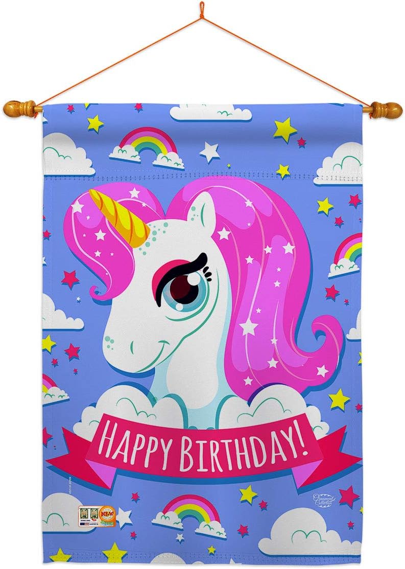 Magical Unicorn Birthday House Flag Celebration Cake Gift Present Candy Bouquet Occasion Anniversary Party Small Decorative Yard Banner Double-Sided Made In USA 28 X 40