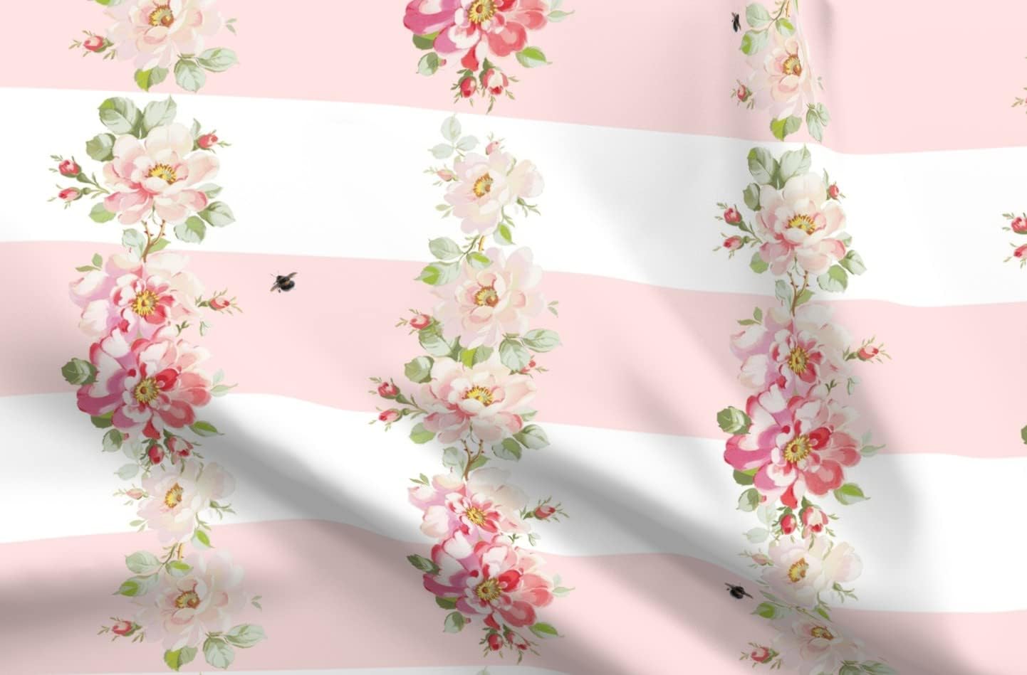 Spoonflower Fabric - Stripe Peony Roses Pink White Shabby Chic Stripes Green Bee Printed on Organic Cotton Sateen Fabric by The Yard - Sewing Quilting Apparel Home Decor