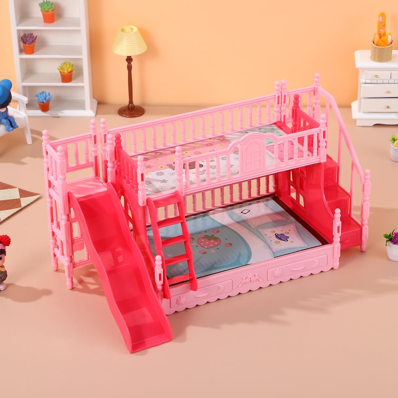 TOYANDONA Doll Bunk Bed - Pink Dollhouse Bed with Ladder Stair and Slide for Baby Doll Miniature Dollhouse Furniture Accessories