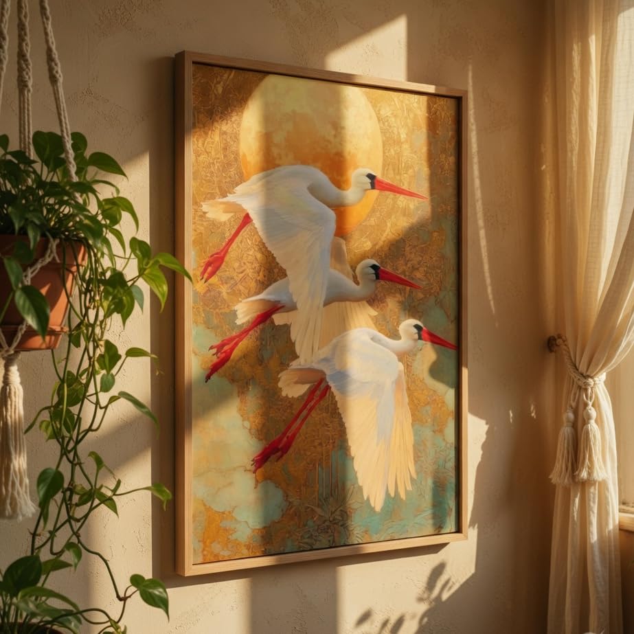 Image of Livin'luxe Flying Crane Bird Wall Painting with Wooden Frame | Elegant Bird Artwork HD UV Laminated MDF Wall Decor | Nature Inspired Wall Art for Living Room Bedroom Home Decor