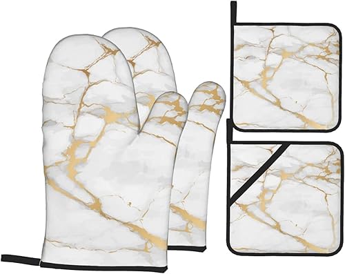 Miniatura 9 de Manoplas de horno y soportes para ollas, arte de mármol blanco y dorado, juego de 4 guantes de cocina resistentes al calor, antideslizantes