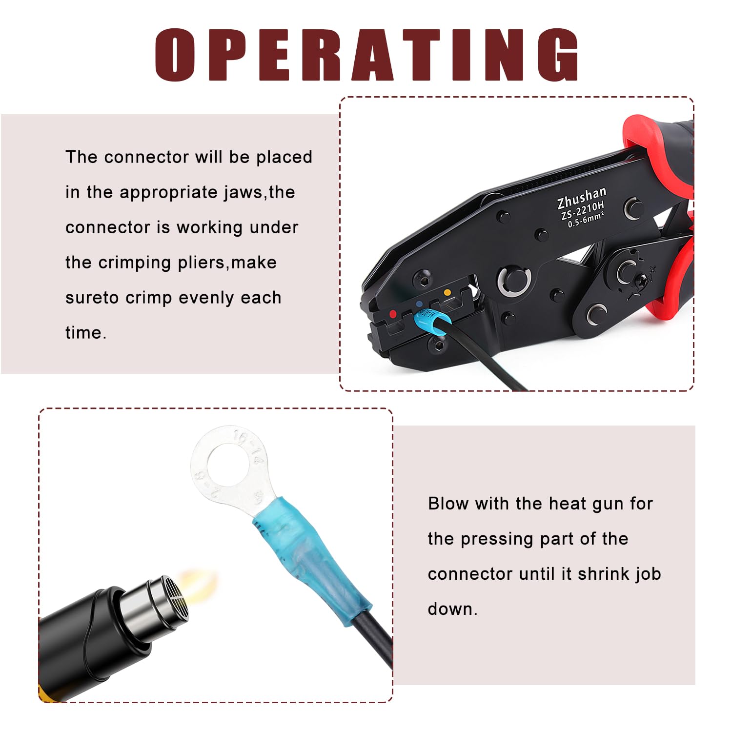 Zhushan Crimpadora de alambre para conectores termorretráctiles, conectores de terminal de alambre de trinquete, herramienta de crimpado termorretráctil para conectores de nailon aislado y cables