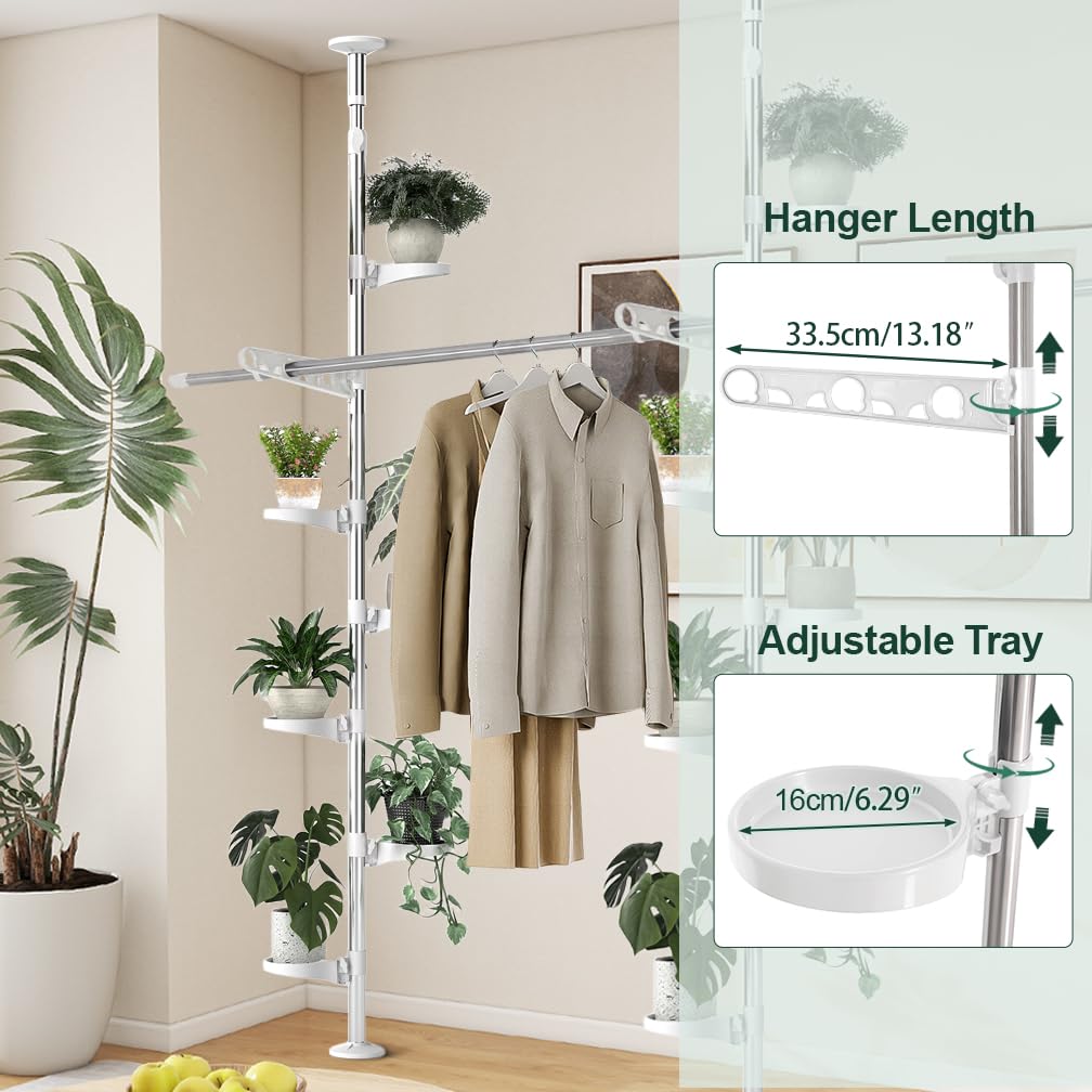 Hershii Uitbreidbare plantenstandaard dubbele spanningspalen houder metalen bloemendisplayrekken voor binnen vloer tot plafond hoge decoratieve opbergplank met 12 laden, 2 armen en 1 hangende staaf