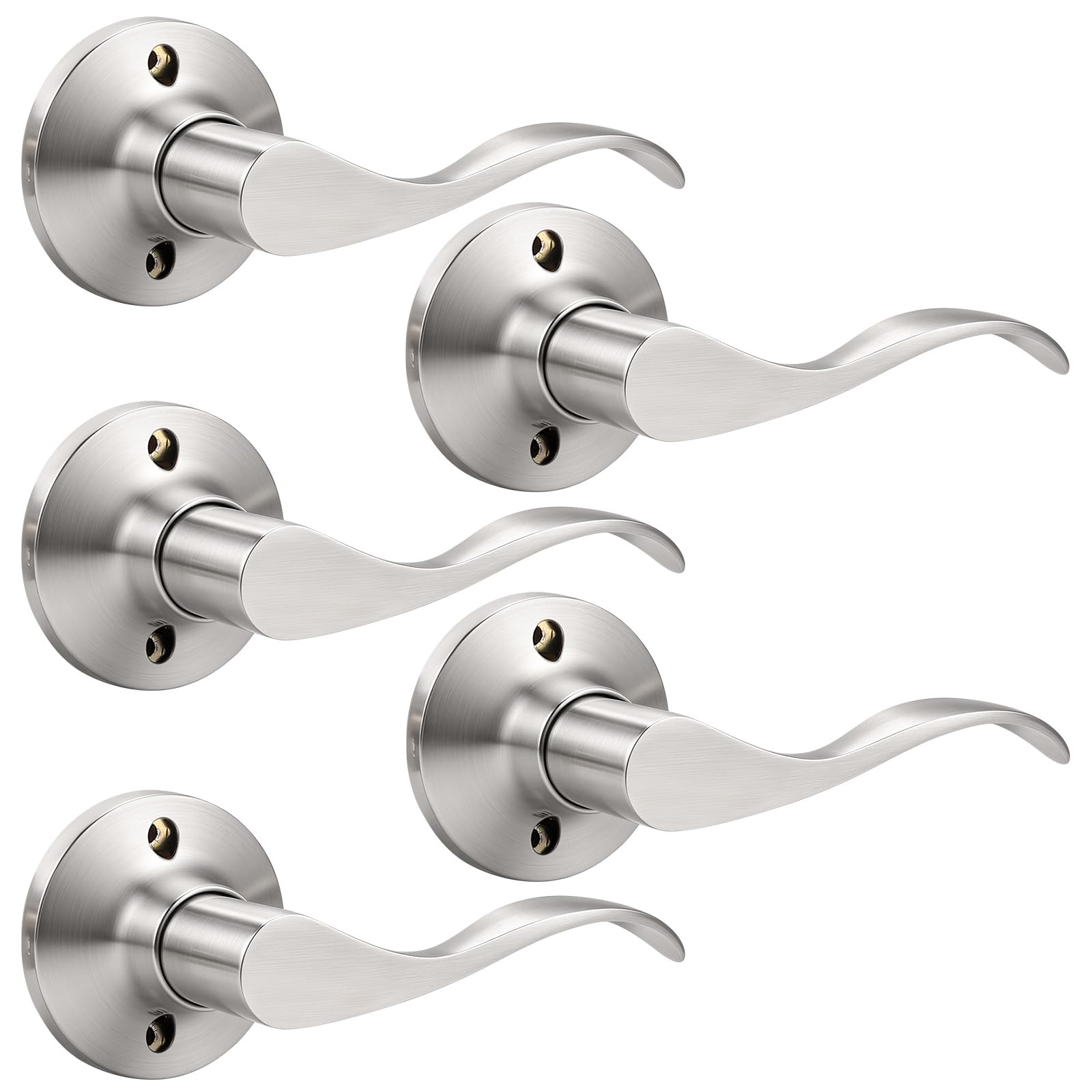 Mengico 5 Pack Satin Nickel Dummy Door Lever, Single Right Side Door Handle for Closets, Non-Turning Pull Only Lever Set, Wave Style Interior Door Knob