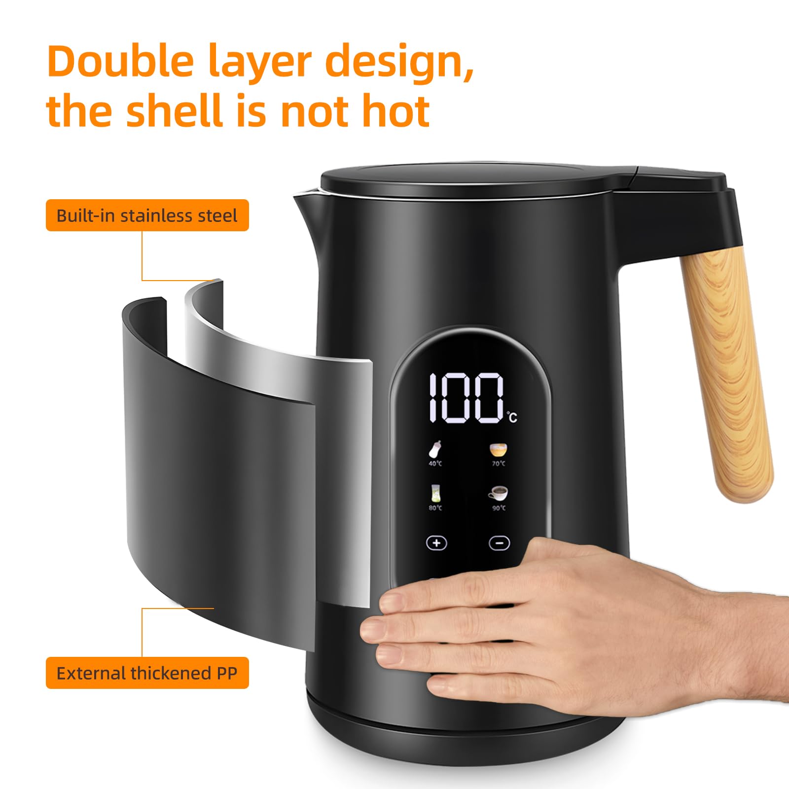 Carehabi Bollitore Elettrico 1,7 L 40-100°C Bollitore Elettrico Temperatura Regolabile Acciaio Inox 2200 W Indicatore LED Base di Rotazione a 360°