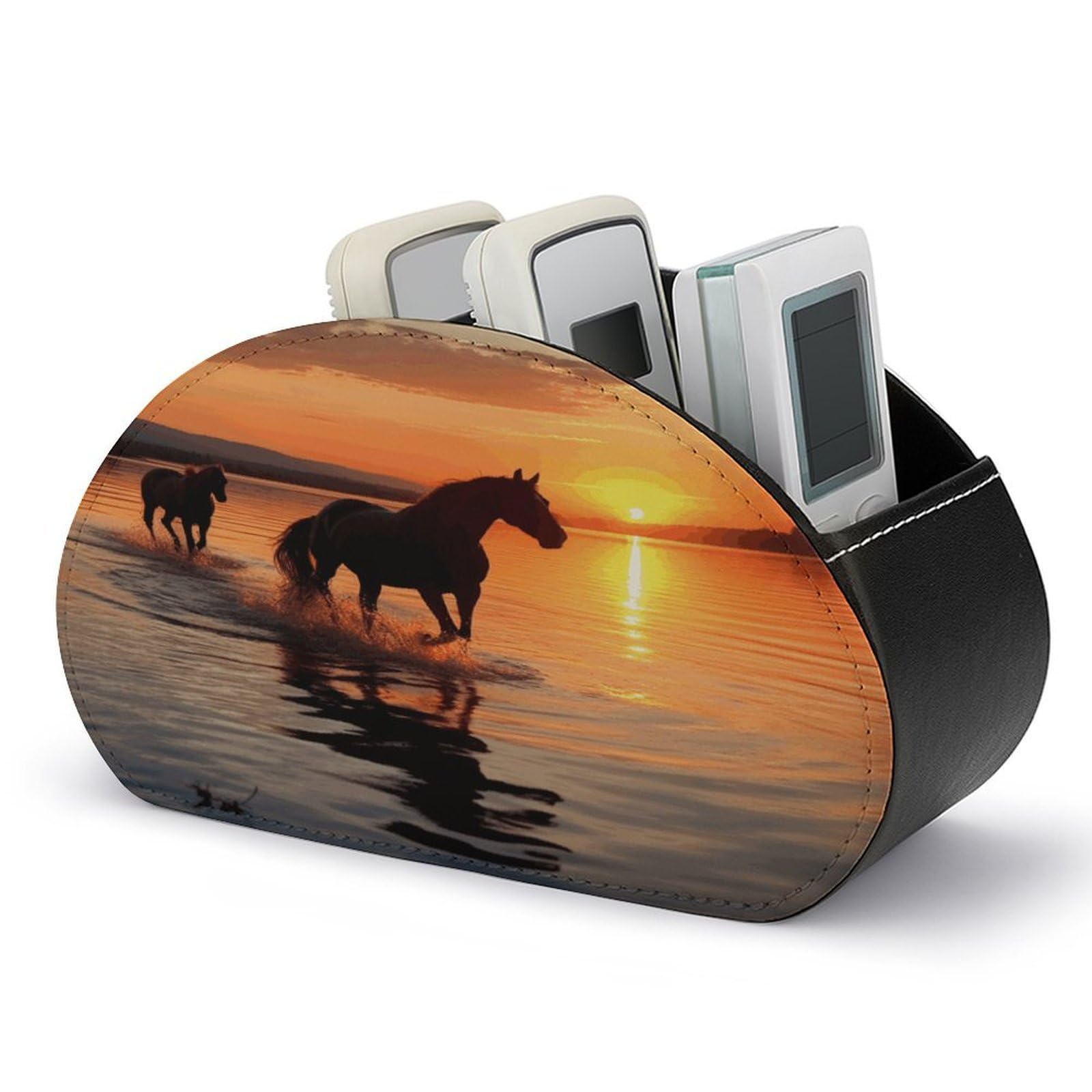 JTREHY Sunsets Lake Horses Remote Control Holder 5 Compartments Remote Caddy Tray PU Leather TV Remoter Storage Box Bedside Table Storage Organizer Office Desk Storage Case
