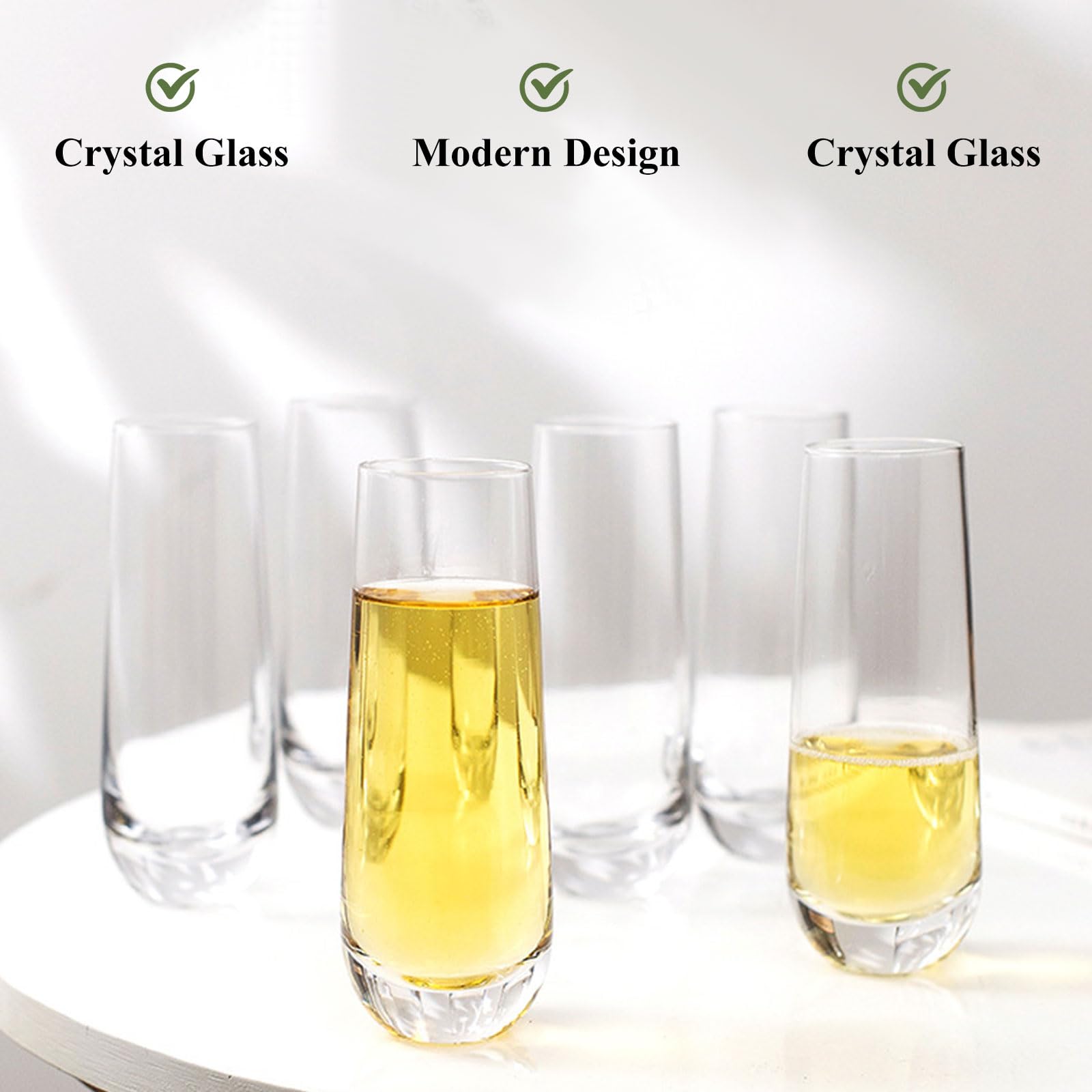 Set di 6 flute da champagne, 280 ml, in cristallo senza stelo, calici da champagne trasparenti, calici da prosecco, calici da vino senza stelo per giardino, matrimoni, compleanni, feste,