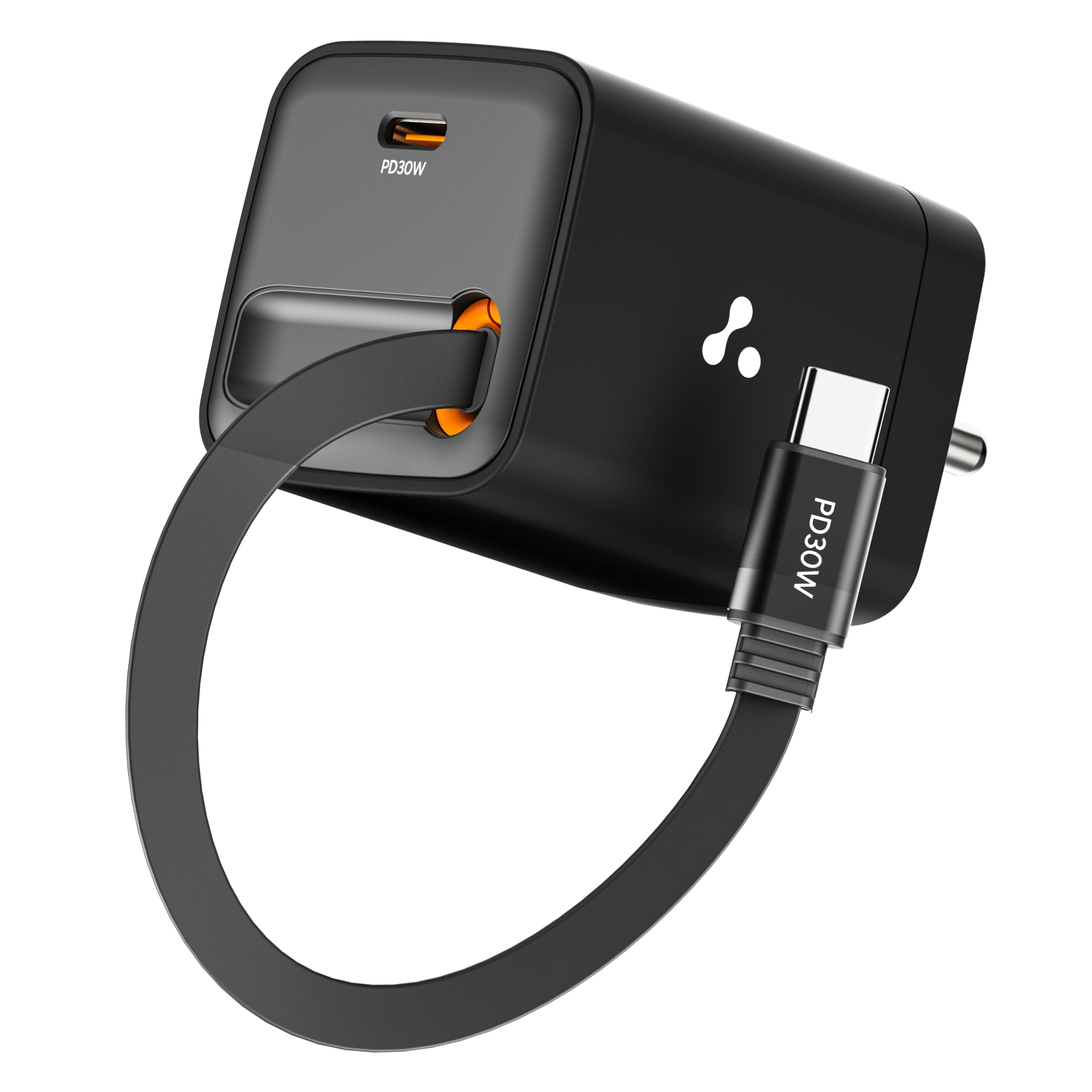 ambrane 30w gan charger with built-in type-c cable, fast pd charging usb-c wall adapter, charge 2 devices, for iphone, android & all type c enabled devices, perfects for travels (charge r30, black)