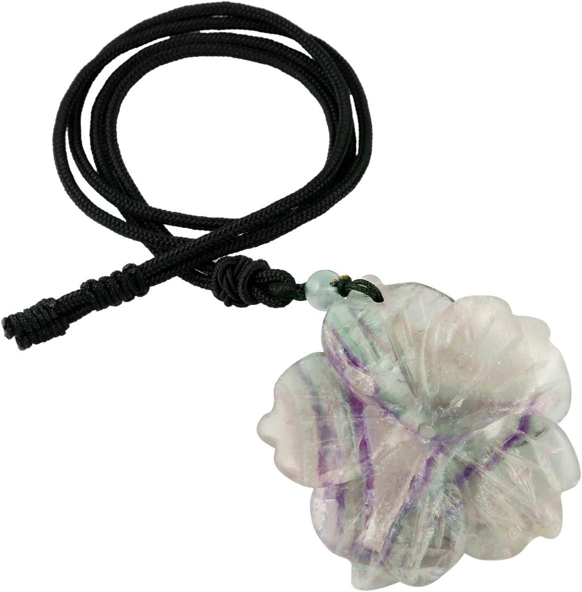 KYEYGWO Handmade Carved Flower Natural Energy Stone Pendant Necklace for Women with Adjustable Cord 26.7"