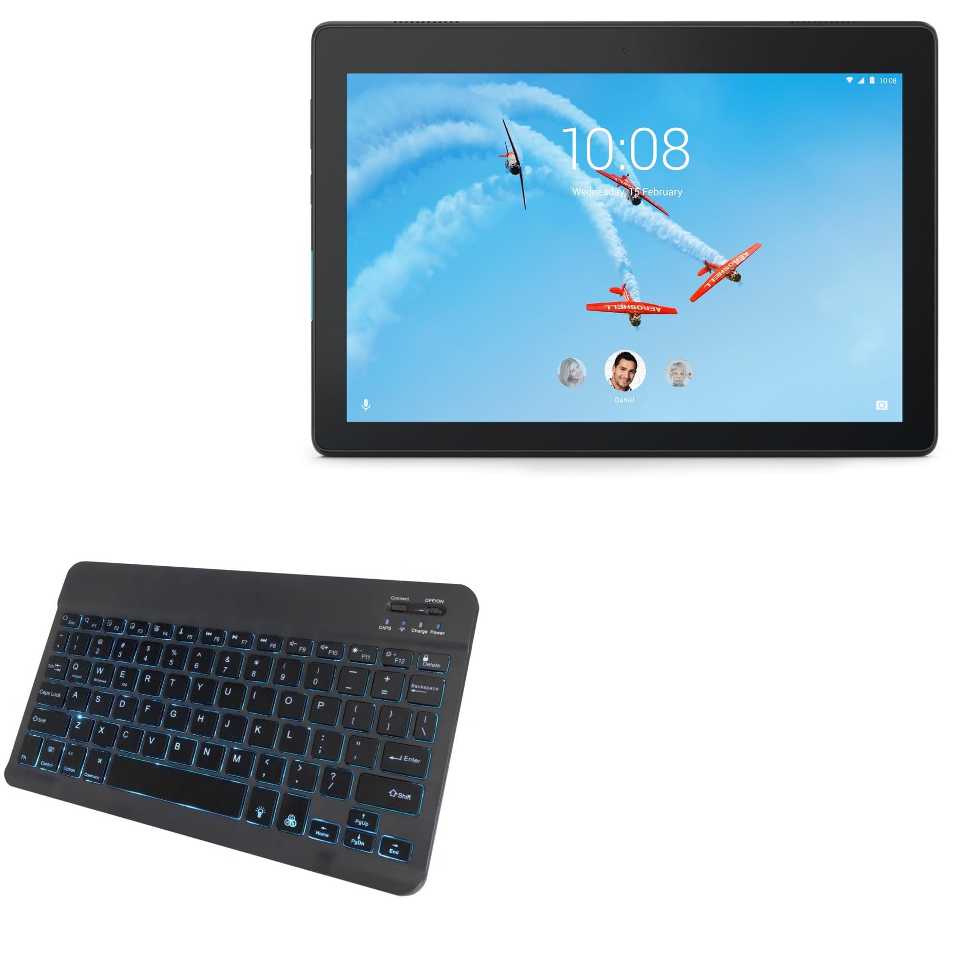 BoxWave Keyboard Compatible with Lenovo Tab E10 - SlimKeys Bluetooth Keyboard - with Backlight, Portable Slim LED 7 Colors - Jet Black