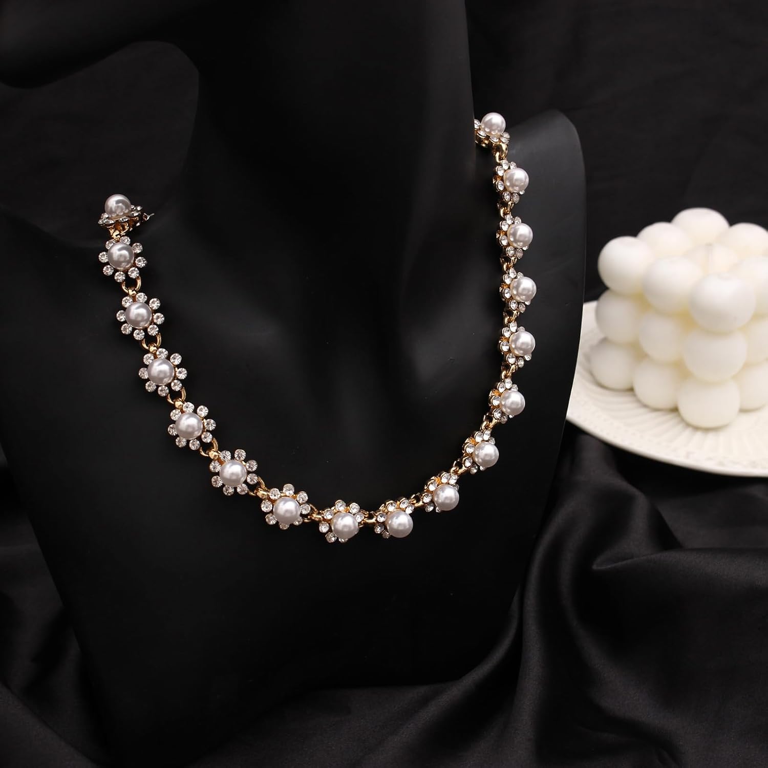 Wedding Stunning Crystal Pearl Choker Necklace Bracelet Dangle Earrings Bridal Bridesmaid Prom Jewelry Sets for Women Costume Accessories - Image 3