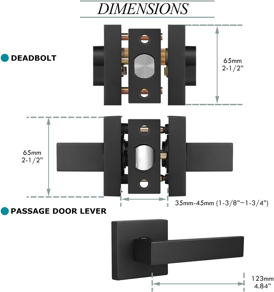 1 Pack Square Passage Door Levers and Double Cylinder Deadbolts Combo Pack, Flat Black Keyed Alike Heavy Duty Door Handles Locksets Reversible for Right and Left Side(All Same Keys)