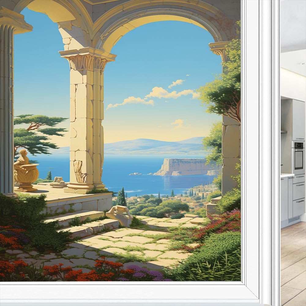 Beautiful Ruins Stained Glass Window Film Bright Scenery Green Plants Classical Architecture Privacy Window Film Glass Door Covering Non-Adhesive Window Stickers for Bathroom Kitchen 23.6Wx35.4L