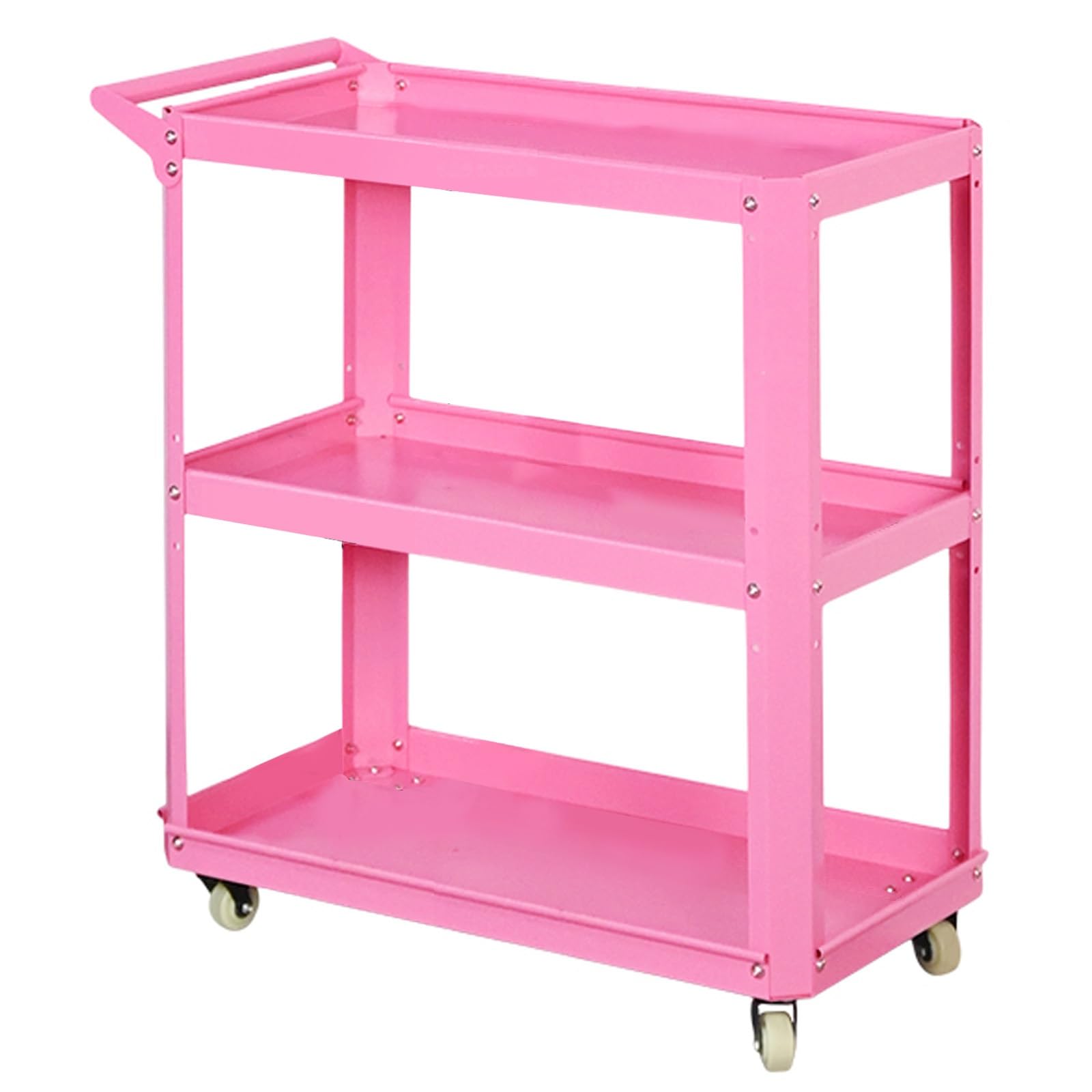 Carro utilitario de acero de 3 niveles con ruedas, rosa, 70 x 34 x 80 cm