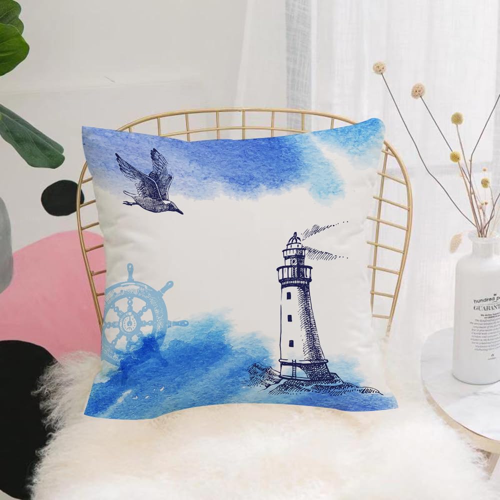 HYOSXW Cushion Cover,Throw Pillow Case Home Decorative for Living Room Bedroom Sofa Chair 16X16 Inch,Coastal artwork, lighthouse drawn on blue watercolor background, towering seagu,Pillowcase 40X40cm