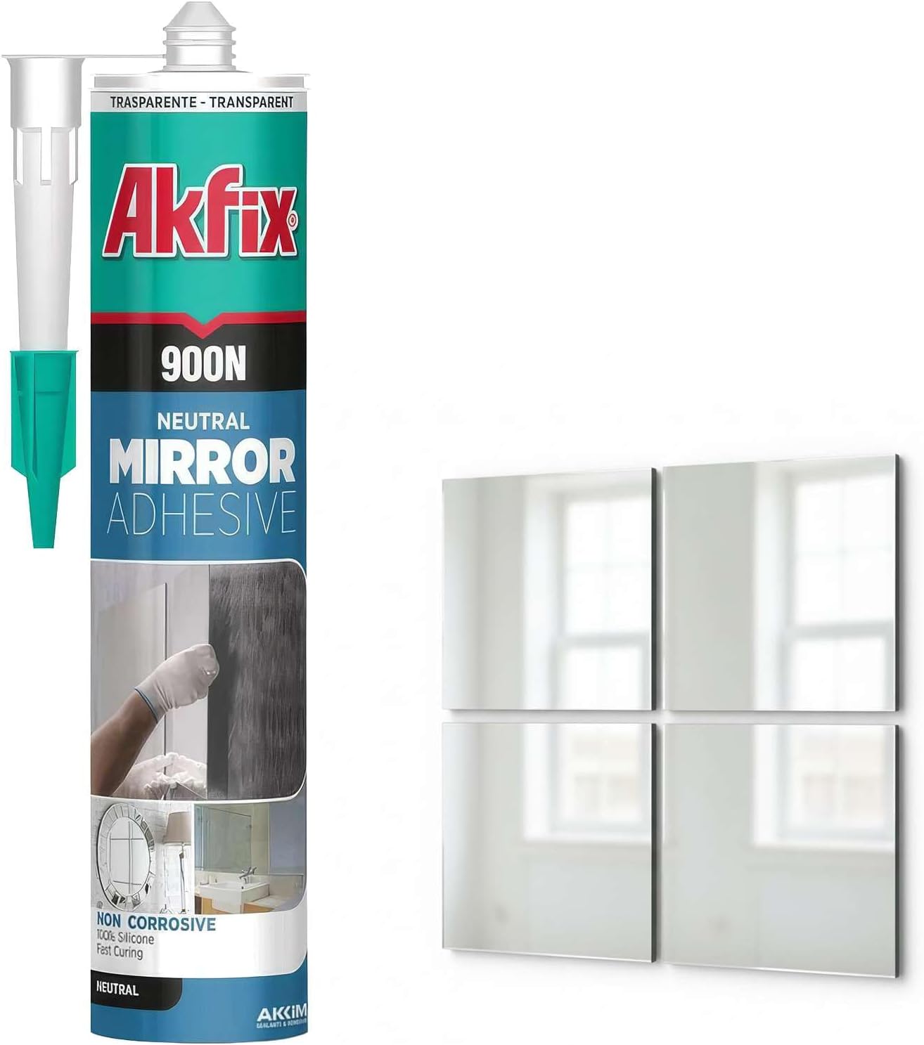 Akfix 900N Clear 100% Silicone Adhesive for Mirror (1x10.5 fl.oz.) - Solvent-Free Mirror Adhesive, Low Odor, Non-Corrosive, Durable, Fast Curing, Non-sag, Flexible Silicone Caulk | Clear, 1 Pack