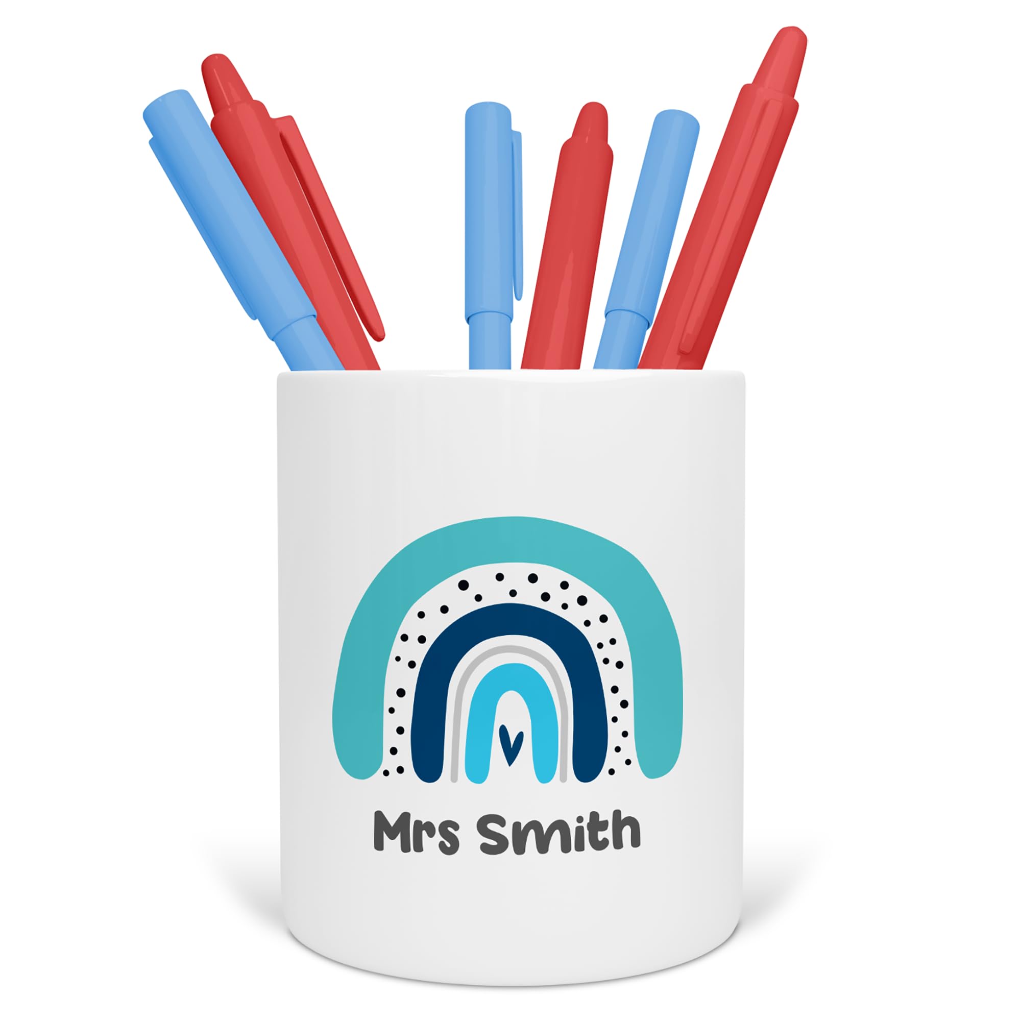 Personalised Teacher Pen Pot - Custom Rainbow Desk Organiser for School, Nursery or Office - End of Term Gift for Teaching Assistant, TA - Ceramic Pencil Holder (Blue Boho Rainbow)