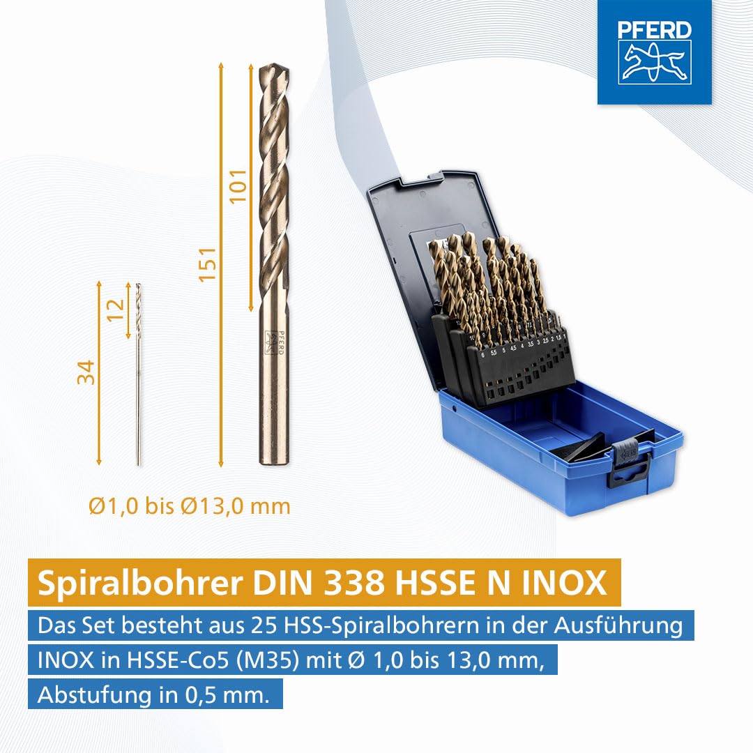 PFERD TOOLS Spiralbohrer-Set INOX, 25-tlg. | Ø 1-13 mm, HSS-E Co5 N, DIN 338, 135° | 25203704 – für zähe und harte Werkstoffe