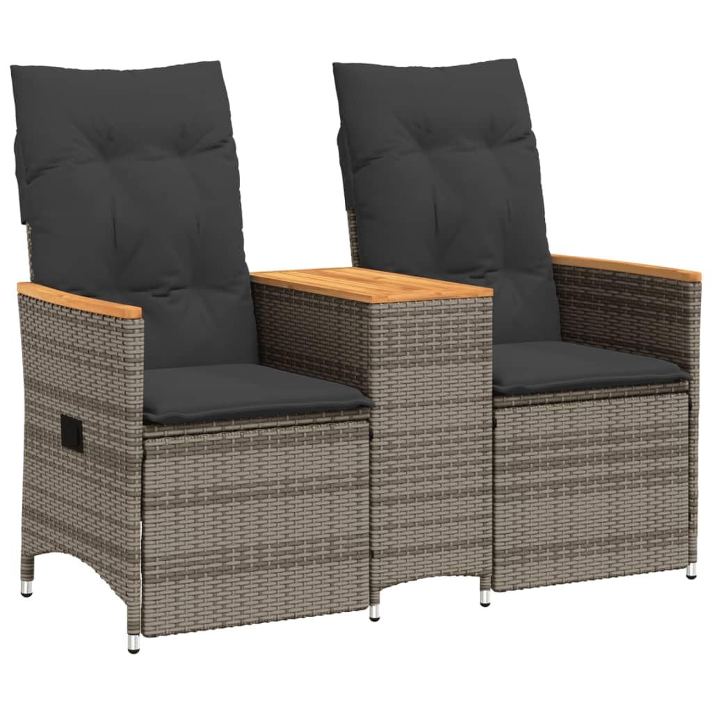 Gartensofa 2-Sitzer Verstellbar mit integriertem Tisch Grau Poly Rattan Gartenbank mit Auflagen Relaxsofa für Terrasse und Balkon Bequeme Sitzgruppe aus PE-Rattan und Akazienholz