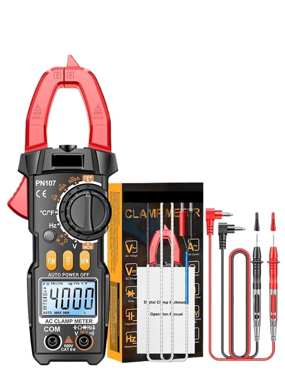 PN107 Digital Clamp Meter AC/DC Voltage Temperature Multitester True RMS 4000 Count Electrical Multimeter Tester Tool(PN107 Black)