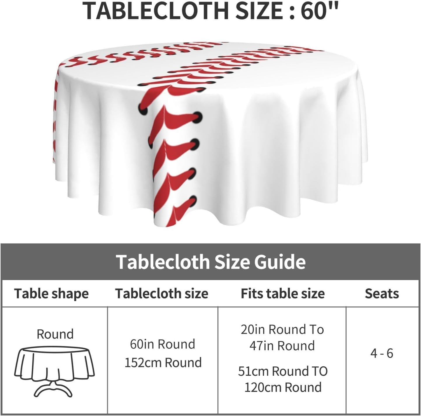 Retro Sports Print Baseball 60" Round Tablecloth Washable, Birthday Party Circle Tablecover (Fit for 20" - 47" Table) for Family Home Gatherings Decor
