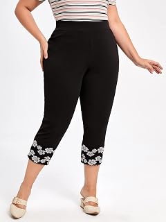 EVLTN Plus Size Pants Women Plus Elastic Waist Floral Appliques Pants Plus Size Pants Women Color Black Size