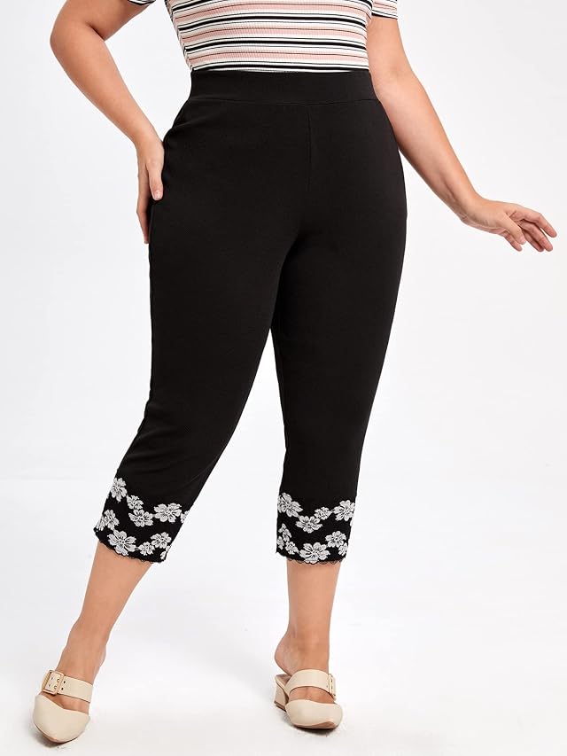 EVLTN Plus Size Pants Women Plus Elastic Waist Floral Appliques Pants Plus Size Pants Women Color Black Size