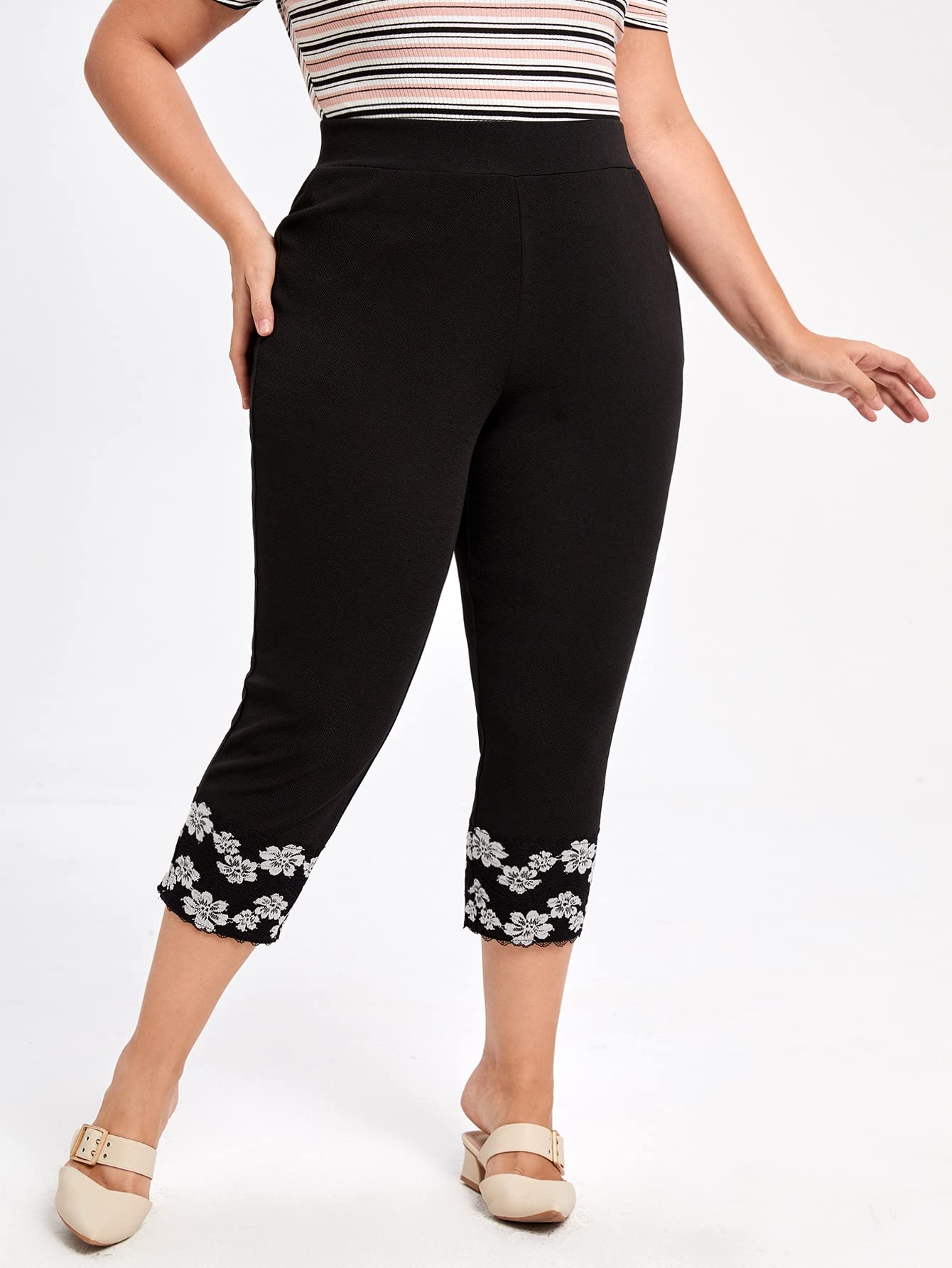 EVLTN Plus Size Pants Women Plus Elastic Waist Floral Appliques Pants Plus Size Pants Women Color Black Size