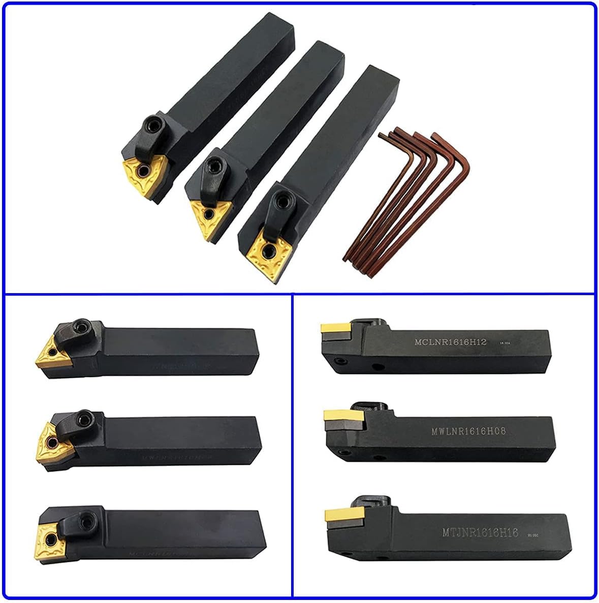 3PCS 5/8" CNC Lathe Excircle Indexable Carbide Turning Tool Holder Bit Set MTJNR1616H16 + MWLNR1616H08 + MCLNR1616H12 with 3pcs wnmg431, cnmg431, tnmg331 Indexable Carbide Inserts (Right Cutting)