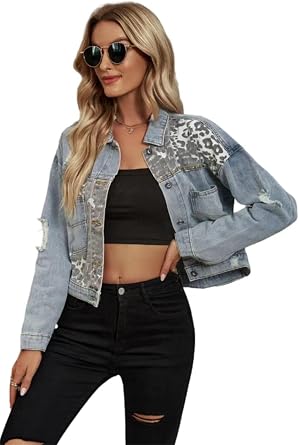 Ladies Leopard print stitching denim jacket plus size fashion Joker ladies jacket